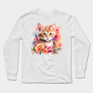 A cat decorated with beautiful colorful flowers in a watercolor illustration. Long Sleeve T-Shirt